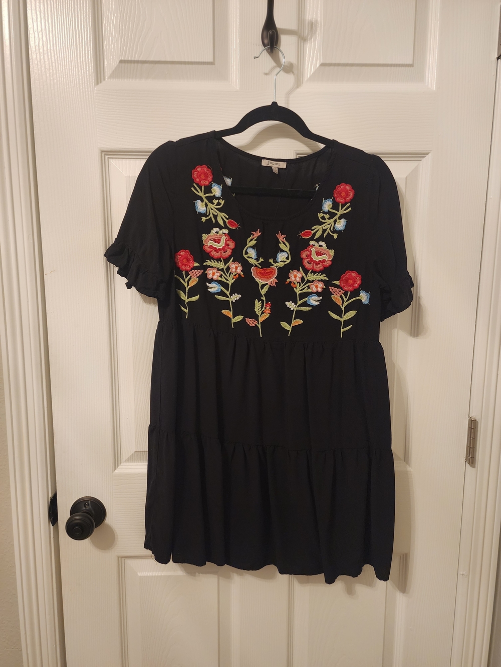 JODIFL Boho Black Tunic Babydoll Dress with Multicolor Floral Embroidery